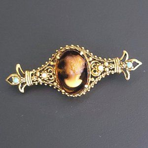 Vintage Florenza Signed Cameo Bar Pin, Victorian Revival Style Brooch